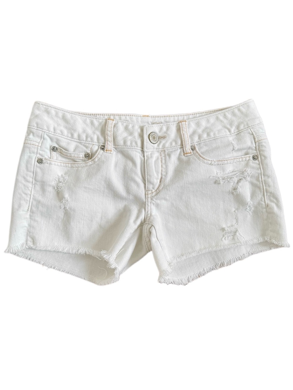 American Eagle Distressed White Denim Shorts Size 4 EUC Stretch Cutoff